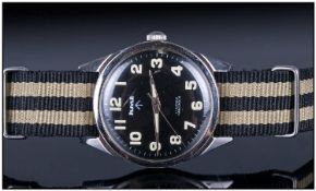 Gents Military Style Wristwatch, black enamel dial with luminous Arabic numerals, dial marked HMT,