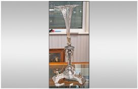 Egyptian Silver Plated Epergne Stand and Glass Flute Raised on Three Stepped Supports with Sphinx