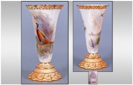 Royal Worcester Hand Painted Trumpet Vase, pheasants in a woodland setting. Date 1904. Stands 6.5