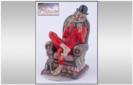 Capodimonte Early And Signed Figure, Old Gentleman Sitting In Worn Looking Chair And Wearing Red