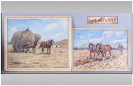 Two Water colours by Local Artist "JW Booth" RCA. One depicting Horses pulling a Hay Wagon in