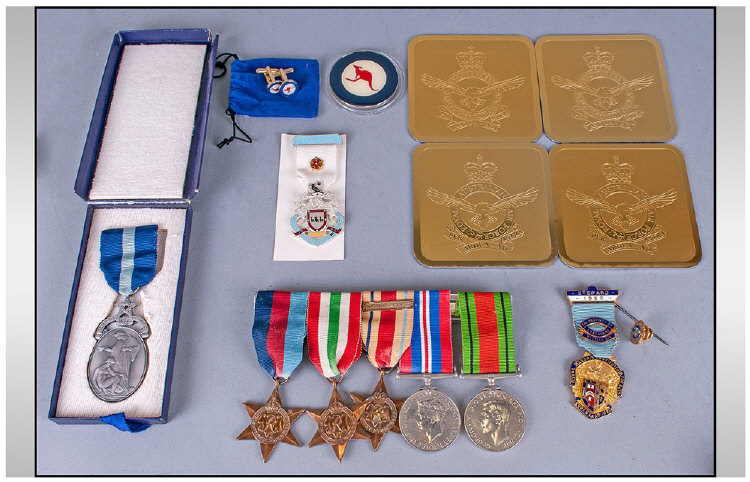 WW2 Interest, Bar Containing Five WW2 Medals Together With Australian Air Force Medallions And