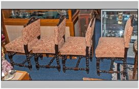 Set Of Four Carved Oak Upholstered Back Seats with a shaped carved top rail on barley twist legs &