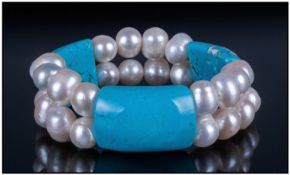 Turquoise Howlite and White Freshwater Pearl Bracelet, three curved, rectangular panels of turquoise