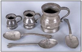 Collection Of Pewter. Comprising three tablespoons with trifid terminals, various touch marks.