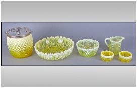 Selection Of Six Yellow/Lime Green Vaseline Glass Ware. Comprising salad bowl (re-painted), silver
