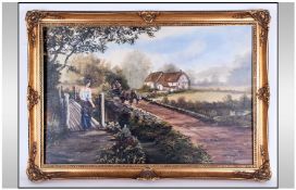 Keith Sutton Framed Oil on Board, 'Rural Landscape with Horse and Cart Passing Over a Bridge'. In