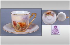 Royal Worcester Hand Painted H Stinton Miniature Cup And Saucer, "Highland Cattle" Signed H Stinton,