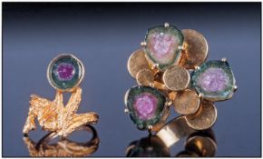 High Carat Gold Designer Ring, Set with three cross section "Watermelon" Tourmaline stones and