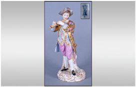 Dresden Mason 19th Century Hand Painted Porcelain Musical Figure. Circa 1890's. Blue cross shoulders