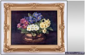 Framed Oil on Panel, 'Primroses in a Brass Vase'. Gilt Frame.  15.5 by 11.5 inches. Signed to