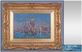 E. Rostron ' Ships on a Grand Canal, Venice ' Oil on Canvas. Signed, Mounted and Framed. 10.5 x 15.5