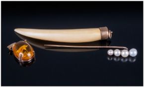 Collection Of Gold Jewellery. Comprising stick pin set with four pearls, talon with gold mount and