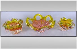 Bohemian Czech Art Glass (3) pieces comprising various size dishes with fluted edges, largest