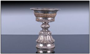Tibetan Silver Libation Ritual Goblet For The High Alter, with a lobed embossed stem below a flanged