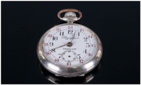 Vintage Fine Swiss Silver Open Faced Pocket Watch, Rectangular, hours markers 1 to 24, white dial.