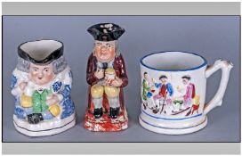 Three Items of 19th Century Staffordshire Country Ware comprising 'Foaming Ale' Toby, shown