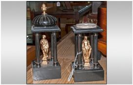Pair Of Black Antique Marble Side Ornaments In The Classical Style, depicting a columned temple with