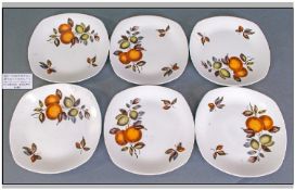 Midwinter Oranges & Lemons Pattern Style craft Shape Fruit Plates, 6 in total. Circa 1962