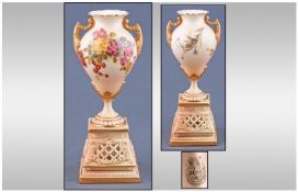 Royal Worcester Blush Ivory Pedestal Vase/Urn 'Spring Flowers' Date 1905. 6.75" in height. Excellent