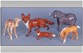 Beswick Animal Figures, 5 In Total. Foxes, elephant, camel and foal figures. Various sizes. Good