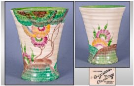 Clarice Cliff Hand Painted Tapered And Ribbed Vase, Aurea pattern. Circa 1934. Height 7 inches.