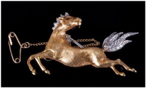 18ct Gold Diamond Set Brooch In The Form Of A Prancing Horse, diamond set mane and tail, fully