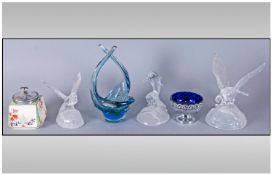 Box Of Miscellaneous. Comprising three glass animal sculptures, blue studio glass bowl, sugar bowl