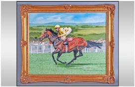 Oil Painting on Canvas in a gilt frame. Titled 'Reference Point and Steve Cauthen' 24 by 20 inches.