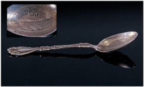 Antique Silver Teaspoon, stamped sterling silver. Together with a bowl engraved with a picture of