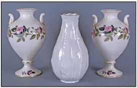 Pair Of Wedgwood Vases 'Hathway Rose' Design. 8.25" in height. Together with a Royal Worcester 'Fern