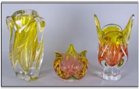 Bohemian Czech Art Glass (3) pieces comprising two vases and one dish largest measuring 10 inches.