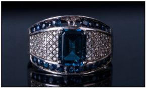 9ct Gold Diamond & Sapphire Cluster Ring, Central Emerald Cut Surrounded By Pave Set Round