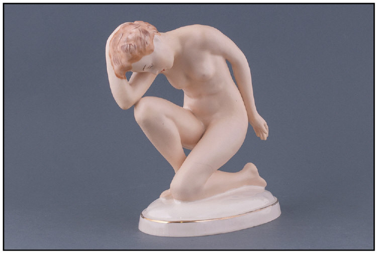 Royal Dux Art Deco Figurine. Nude girl in kneeling position. Circa 1930's. Height 6 inches.