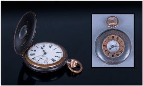 Gun Metal Demi Hunter Pocket Watch, white porcelain dial, Roman numerals, 48mm case.
