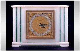 Elliot Fine Art Deco White Marble Mantel Clock. Inlaid with green marble strips and gold and