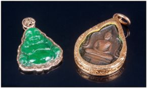 Carved Jadeite Stone Buddha Pendant, in 14ct gold hallmarked mount, 29 x 21mm. Together with a