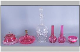 Collection of Cranberry Glass Ware comprising two bud vases, onion shaped bases with tall necks with