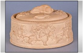 Wedgwood Biscuit Coloured Cane Ware Lidded Game Dish, with moulded body with birds and a rabbit