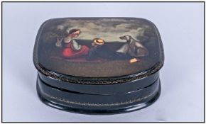 Fine Quality Russian Lacquered Box. Beautifully hand painted detailing young couple and dog