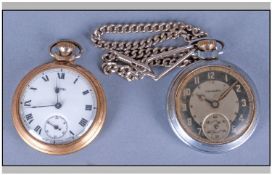Smiths Open Faced Pocket Watch, white enamel dial with Roman numerals, 39mm case. Together with
