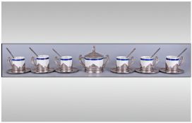 WMF Style Espresso Coffee Set comprising 6 blue and silver banded, white china coffee cans in
