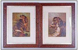 A Pair of Victorian Coloured Prints of Gun Dogs in Oak Frames. Overall size 19 by 15 inches.