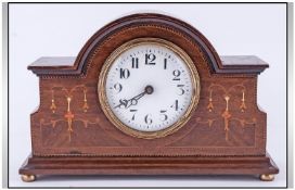 English 1920s Walnut Cased And Shaped Mantel Clock, with fine inlaid decoration to front panels of