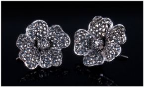 Pair Of Silver Earrings In The Form Of Flower Heads, set with marquisette stones. Marked silver.