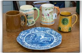 Four Pottery Tankards including Sarie Marais African Interest, Arthur Wood Hunting Scene Tankard,