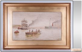 Fishing Scene Watercolour. Signed P Greenwood to lower right. Framed and Mounted behind glass. 20 by