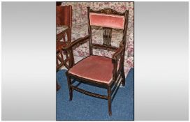 Edwardian Inlaid Armchair with a slattered back rail & pink silk padded back & seat on square