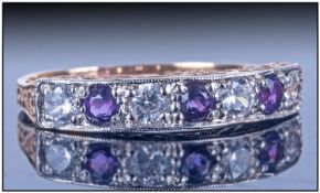 9ct White Gold Set 7 Stone Diamond and Amethyst Channel Set Ring. Fully Hallmarked.