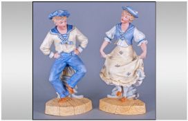 Fine Pair Of Unusual French Bisque Figures, depicting a dancing sailor with his girlfriend dancing